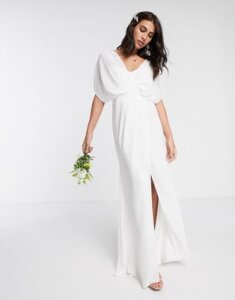 ASOS DESIGN Bridesmaid short sleeved cowl front maxi dress with button back detail-White