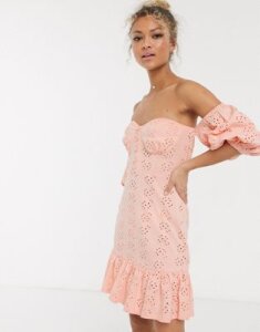 ASOS DESIGN broderie off the shoulder cupped mini sundress with tiered hem in pink