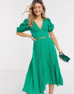 ASOS DESIGN broderie pleated midi tea dress with puff sleeve in emerald green