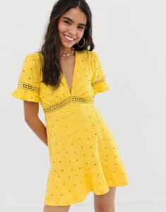 ASOS DESIGN broderie tea dress with woven ladder trim-Yellow