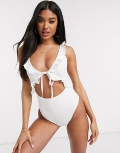 ASOS DESIGN broderie tie front swimsuit in white