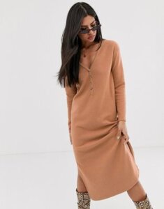 ASOS DESIGN button detail super soft midi dress with side splits-Brown