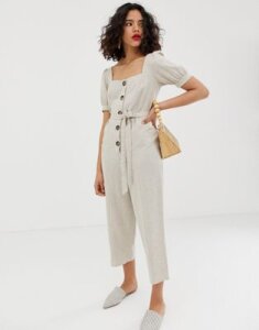 ASOS DESIGN button front tie waist puff sleeve jumpsuit with short sleeves-Multi