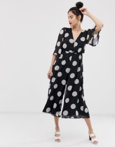 ASOS DESIGN button front waisted open back jumpsuit in polka dot-Multi