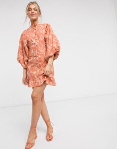 ASOS DESIGN button through high neck cotton mini dress with batwing sleeves and belt in floral print-Multi