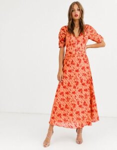 ASOS DESIGN button through maxi tea dress with ruched sleeves in floral print-Multi