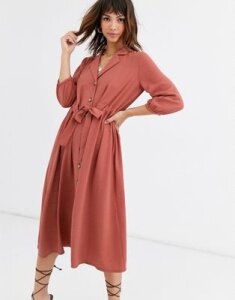 ASOS DESIGN button through midi shirt dress with ruched waist-Pink