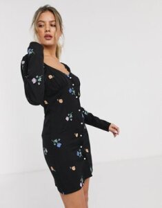 ASOS DESIGN button through mini dress in all over embroidery with pearl buttons-Black