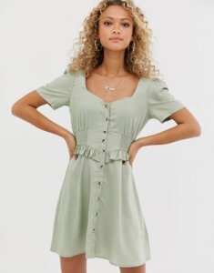 ASOS DESIGN button through mini dress with shirred waist-Green