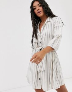 ASOS DESIGN button through mini shirt dress with ruched waist in stripe-Multi
