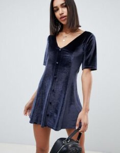 ASOS DESIGN button through mini velvet tea dress-Blue
