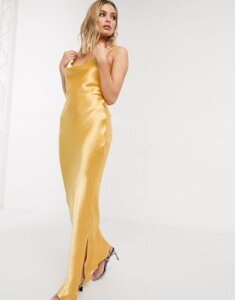 ASOS DESIGN cami maxi slip dress in high shine in satin with lace up back-Gold