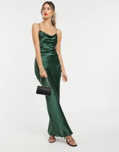 ASOS DESIGN cami maxi slip dress in high shine in satin with lace up back-Green