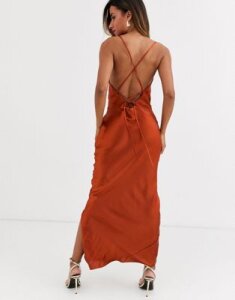 ASOS DESIGN cami maxi slip dress in high shine satin with lace up back-Orange