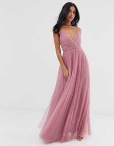 ASOS DESIGN cami pleated tulle maxi dress in rose-Pink