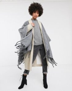 ASOS DESIGN cape in 2 tone fluffy yarns with tassels-Gray