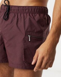 ASOS DESIGN cargo swim shorts in ripstop with zip pockets in burgundy in short length-Blue