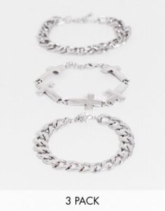 ASOS DESIGN chunky bracelet pack with cross and chain interest in silver tone