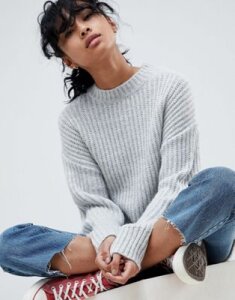 ASOS DESIGN chunky sweater in rib with crew neck-Gray