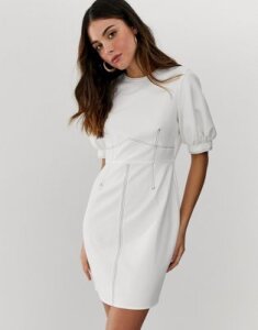 ASOS DESIGN contrast stitch mini dress with puff sleeves-White