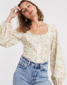 ASOS DESIGN corset detail top with bell sleeve in floral print-Multi