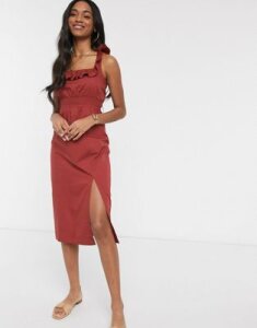 ASOS DESIGN cotton midi sundress with shirred waist and lace up back in rust