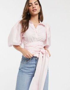 ASOS DESIGN cotton shirt with puff sleeve and wrap around belt in pink-No Color