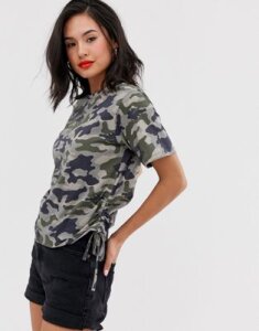 ASOS DESIGN cropped boxy t-shirt with ruched side in camo print-Multi