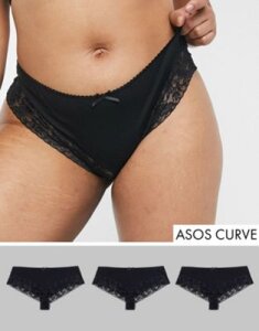 ASOS DESIGN Curve 3 pack cotton & lace brazilians-Black