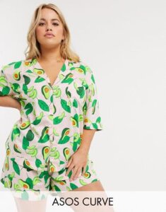 ASOS DESIGN Curve avocado print modal shirt & short pyjama set-Multi