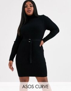 ASOS DESIGN Curve belted rib knit mini dress with roll neck-Black