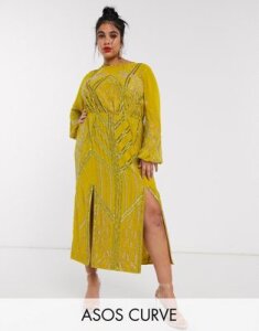 ASOS DESIGN Curve blouson linear embellished midi dress-Yellow