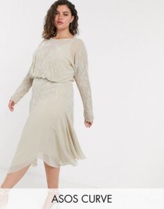ASOS DESIGN Curve blouson long sleeve midi dress in embellishment-Multi