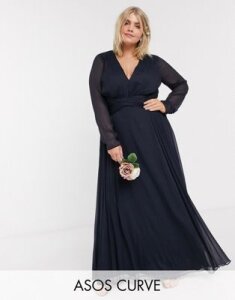 ASOS DESIGN Curve Bridesmaid ruched waist maxi dress with long sleeves and pleat skirt-Navy