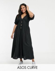ASOS DESIGN Curve button through linen maxi dress with cross back-Black