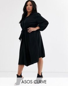 ASOS DESIGN Curve button through midi shirt dress with ruched waist in black
