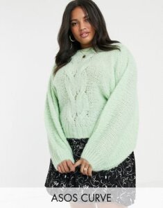 ASOS DESIGN Curve cable sweater in lofty yarn with volume sleeve-Green