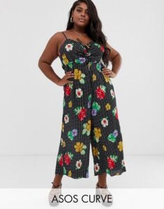 ASOS DESIGN Curve cami jumpsuit with gathered bodice in floral print-Multi