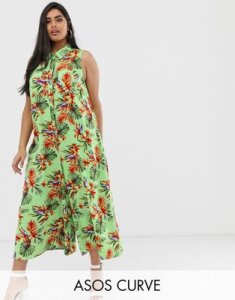 ASOS DESIGN Curve casual culotte shirt jumpsuit in tropical print-Multi