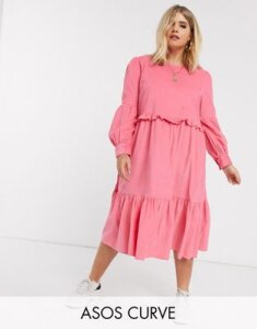 ASOS DESIGN Curve cord frill smock tiered dress in pink