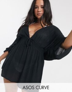 ASOS DESIGN CURVE crinkle beach cover up with channel waist & drape sleeves in black