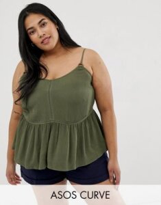 ASOS DESIGN Curve crinkle cami with lace inserts and ring detail sun top-Green