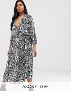 ASOS DESIGN Curve double button through collared midi shirt dress in mono zebra print-Multi