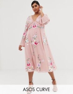 ASOS DESIGN Curve embroidered midi dress with lace trims-Pink