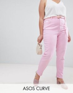 ASOS DESIGN Curve Farleigh high waisted slim mom jeans in washed pink with belt
