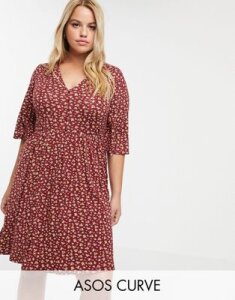 ASOS DESIGN Curve floral mini button front swing dress-Red