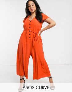 ASOS DESIGN Curve frill sleeve jumpsuit with cut out back-Red