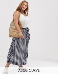 ASOS DESIGN Curve gingham full midi skirt with belt and pockets-Multi