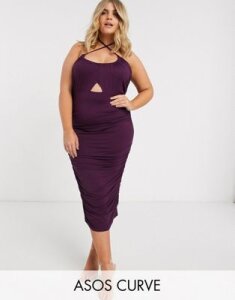 ASOS DESIGN Curve going out ruched midi dress with cut out in purple