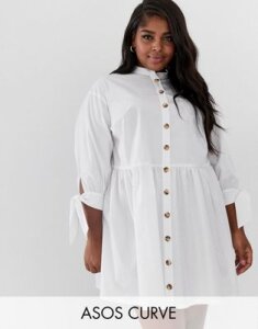 ASOS DESIGN Curve grandad collar button through mini smock dress with tie sleeve-White